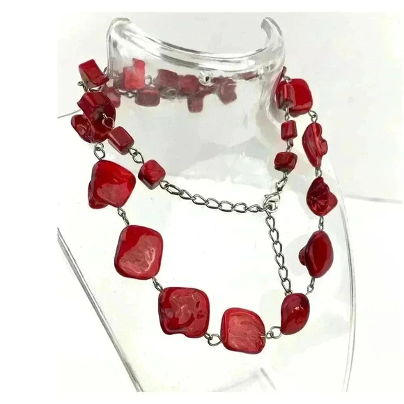 Red Natural Shell Chunky Beaded Necklace 20" Jewelry Silver Metal Tone - Picture 2 of 12
